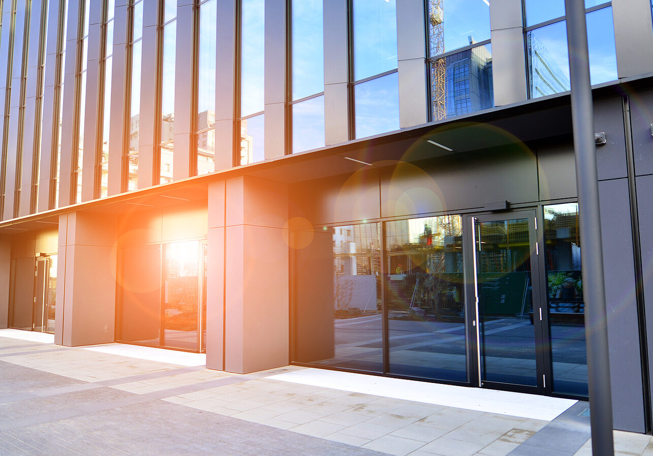 Panoramic windows of new commercial premises. Commercial property in development standard for rent.